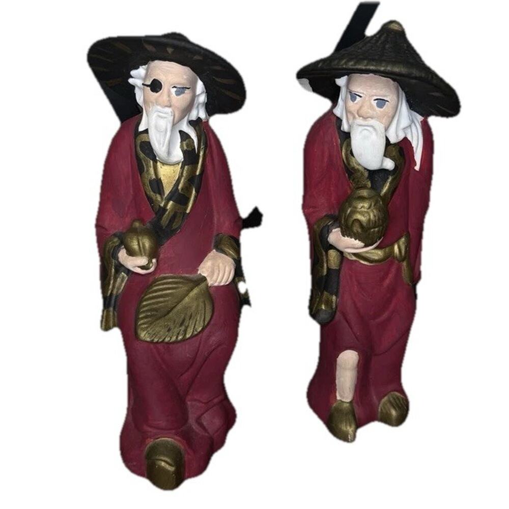 Pair of Arnel Hand Painted Ceramic Asian Mud Men Wise Men Figurines